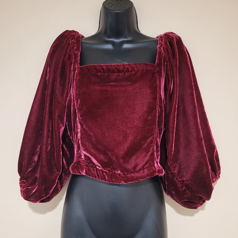Free People Velvet Puff Sleeve Square Neck Smocked Back Crop Top Burgundy M goth